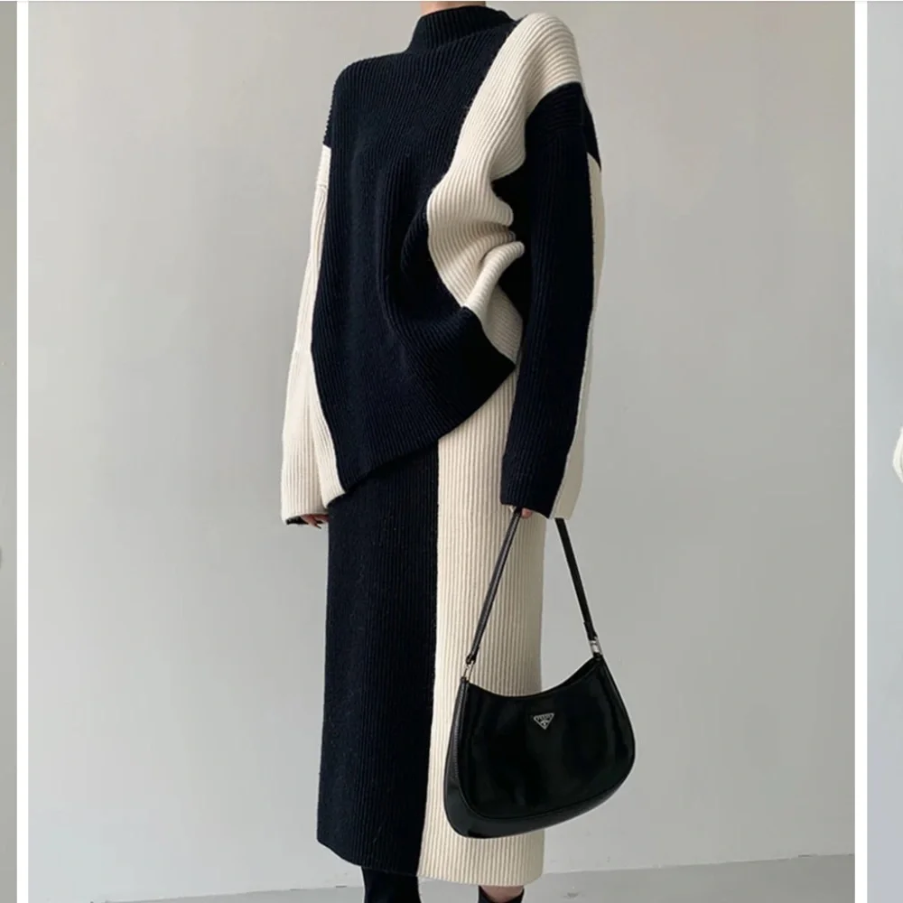 COMMENSE Miss Paris Stripe Two Piece Knit Skirt Set, Black White Size M - Picture 2 of 9